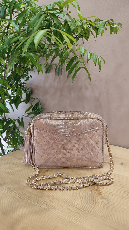 Chanel Quilted Matelasse Pink Lizard Tassel Camera Bag Series 0