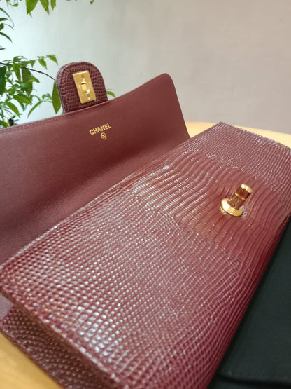 Chanel Tophandle Lizard Embossed Calfskin Clutch Dar Burgundy Microchipped