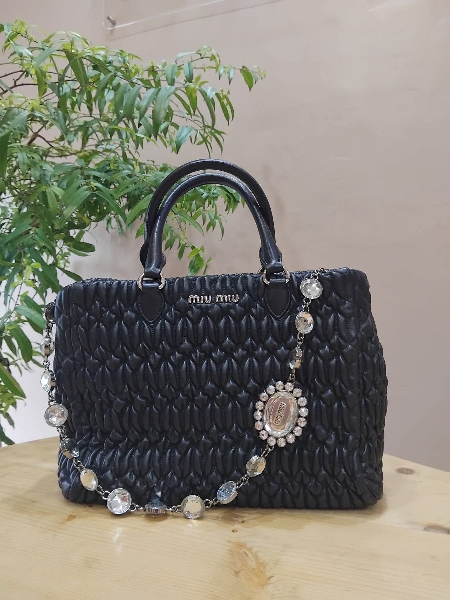 Miu Miu Nappa Matelasse Swarovski Crystal Tote Bag Black