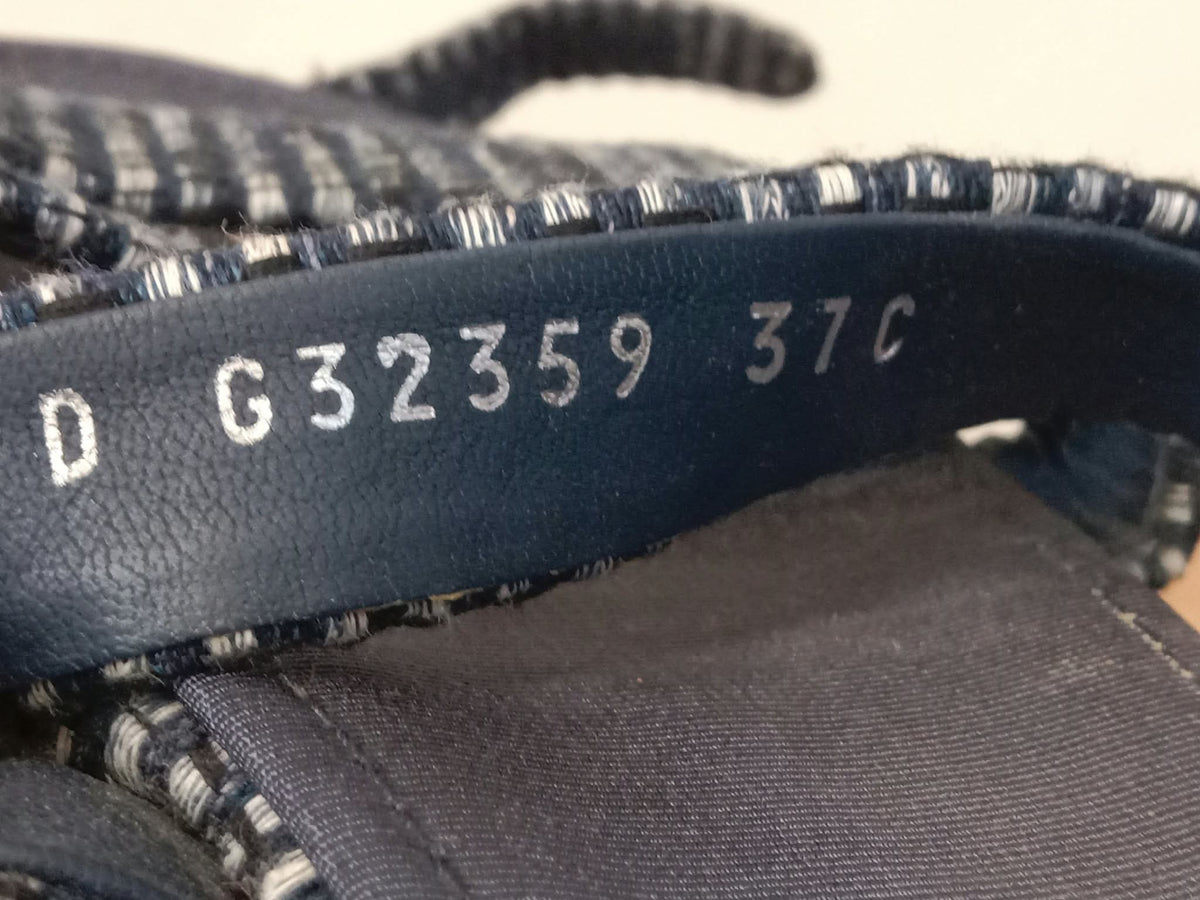Chanel Navy Tweed Faux Pearl Trimmed Sandals Size 37