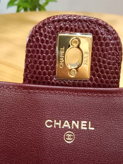 Chanel Tophandle Lizard Embossed Calfskin Clutch Dar Burgundy Microchipped