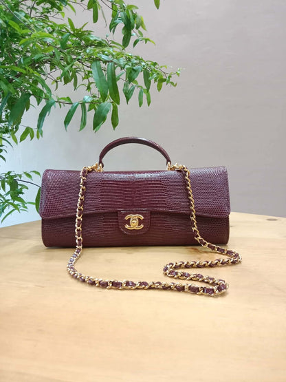 Chanel Tophandle Lizard Embossed Calfskin Clutch Dar Burgundy Microchipped
