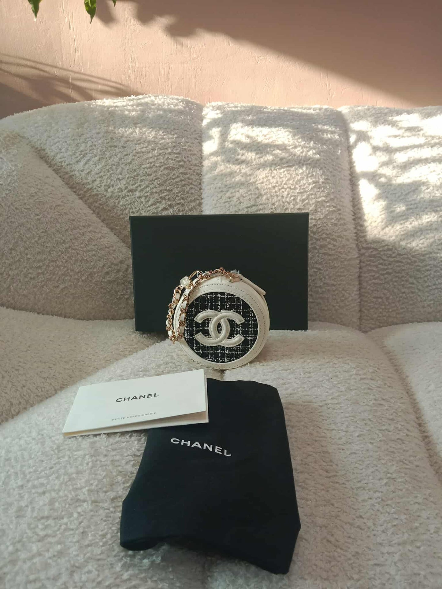 Chanel Tweed Quilted Round Filigree Pouch with Chain Black/White Microchipped