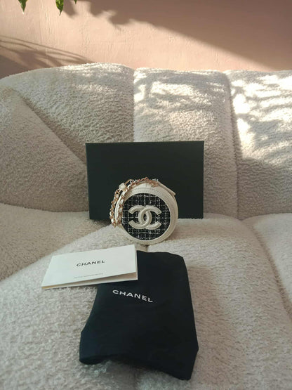Chanel Tweed Quilted Round Filigree Pouch with Chain Black/White Microchipped