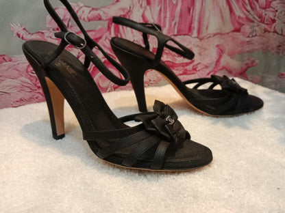 Chanel Ankle-Strap Tiered Bow CC Logo Sandals Black Size 37 1/2