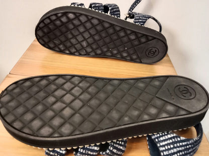 Chanel Navy Tweed Faux Pearl Trimmed Sandals Size 37