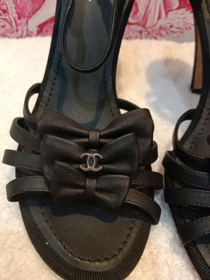 Chanel Ankle-Strap Tiered Bow CC Logo Sandals Black Size 37 1/2