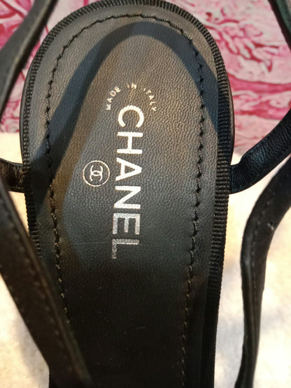 Chanel Ankle-Strap Tiered Bow CC Logo Sandals Black Size 37 1/2