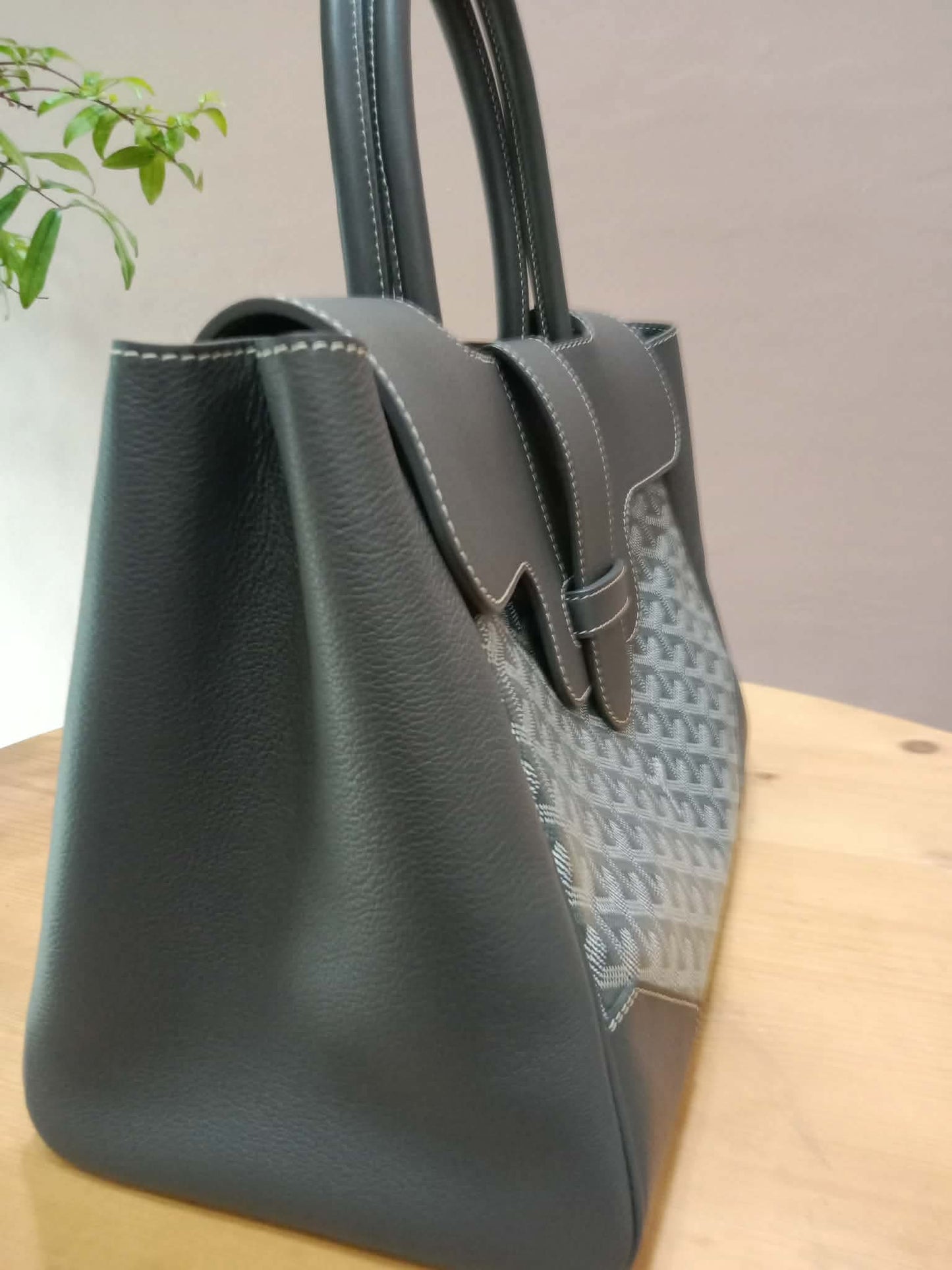 Goyard Saigon Tote Bag Goyardine Canvas with Structured Leather Trim Gris MM