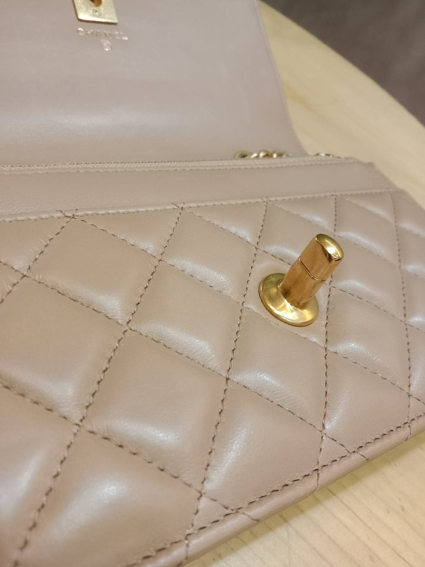Chanel Quilted Wallet On Chain Lambskin Beige Microchipped