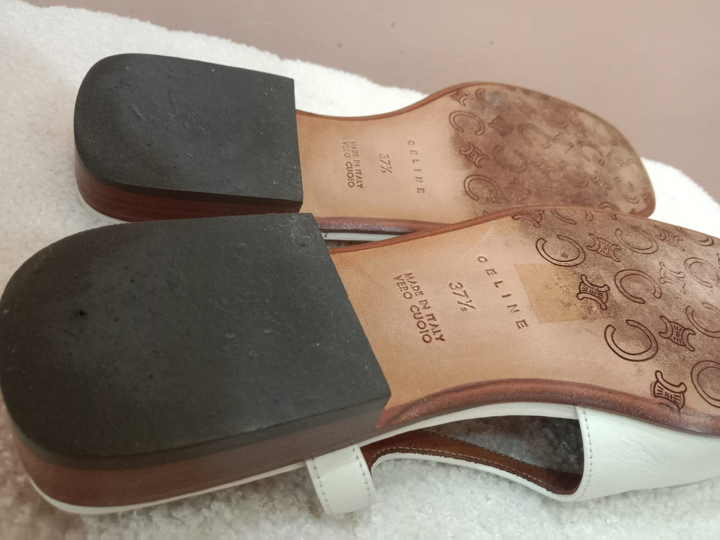 Celine Leather Slingback Loafers Classic Square-Toe Design White Size 37.5