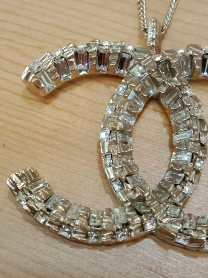 Chanel Crystal CC Pendant Crystal Necklace Silver