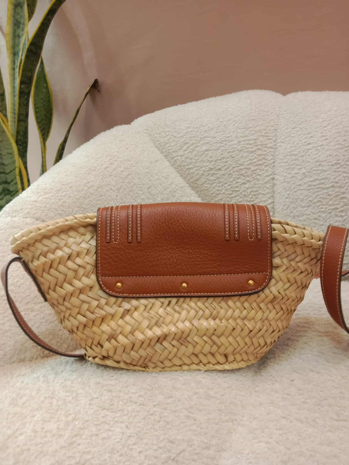Chloe Marcie Leather Trimmed Raffia Basket Bag Tan