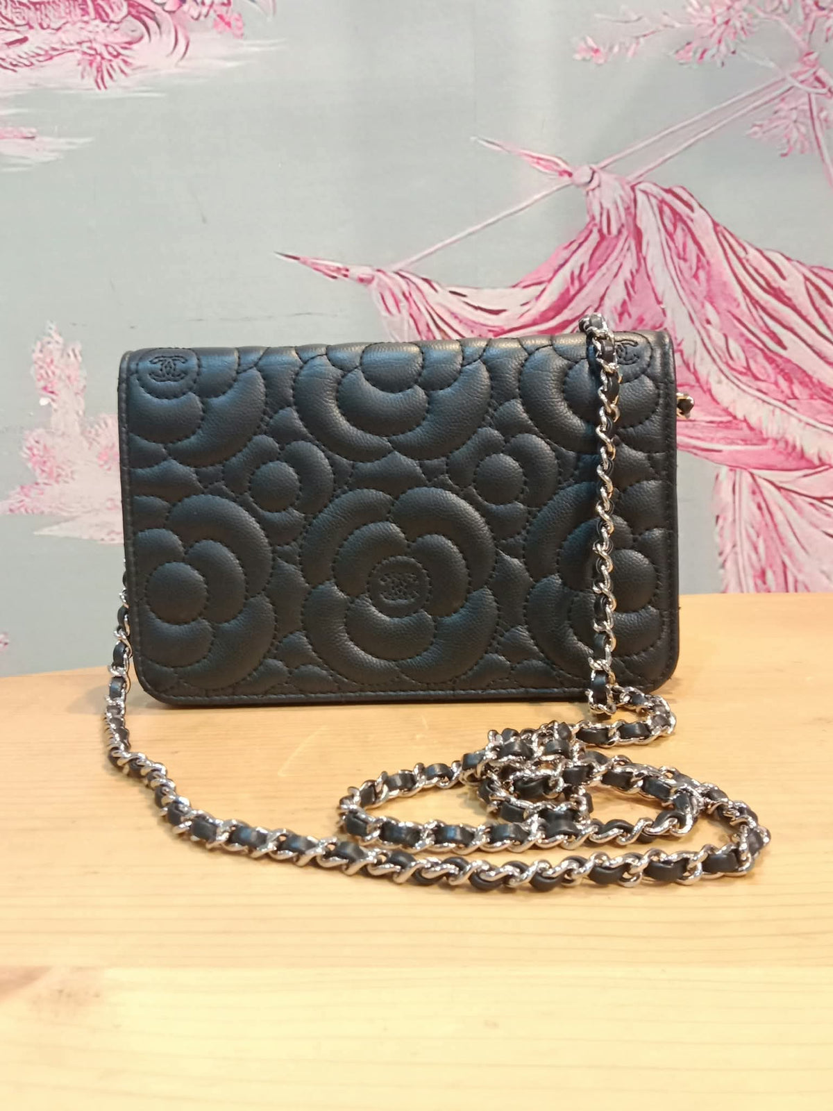 Chanel Camellia Embossed Wallet on Chain Black Series 24