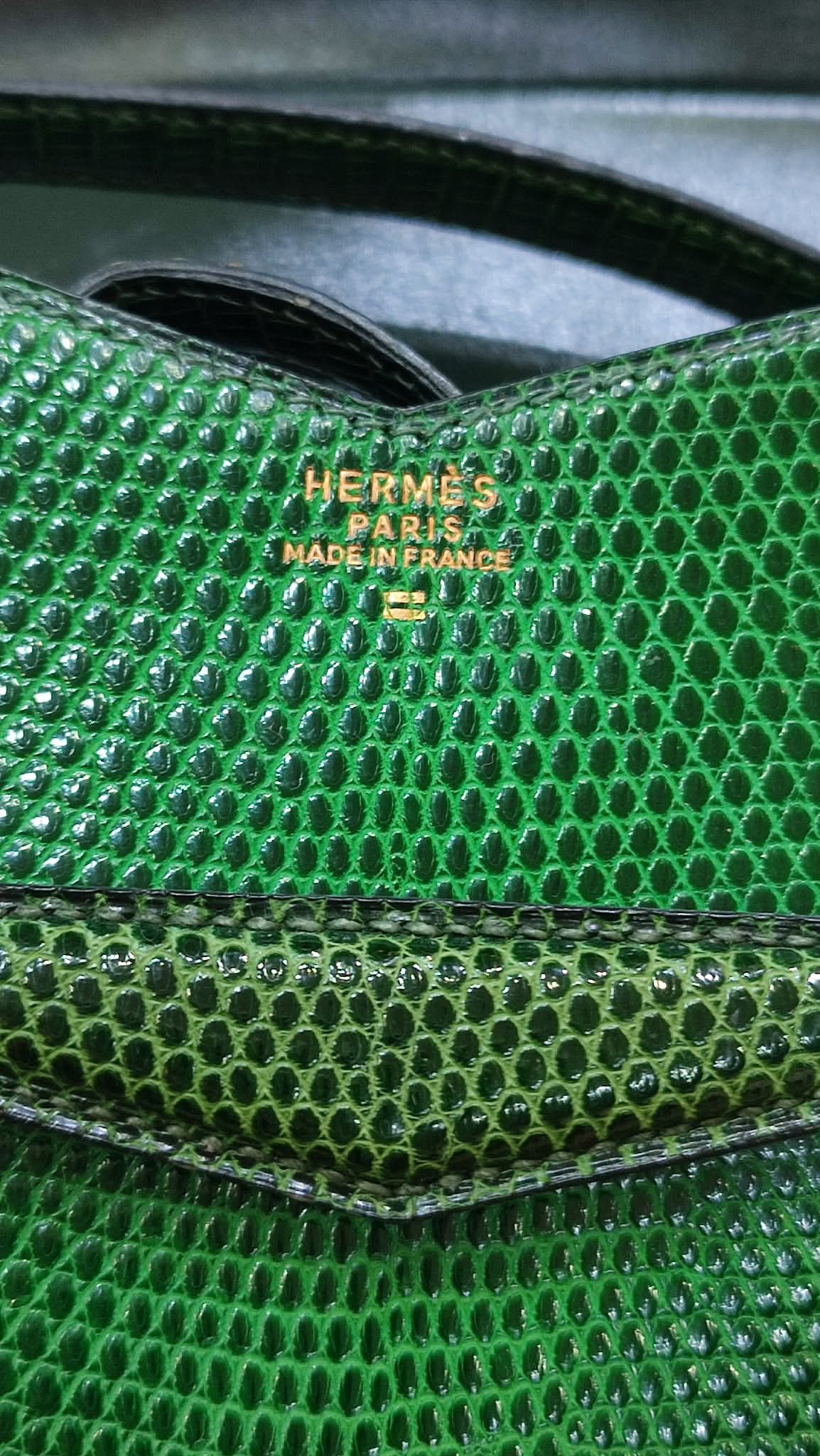 Hermes Lizard Green Vintage Bag Stamp O Circle 1985