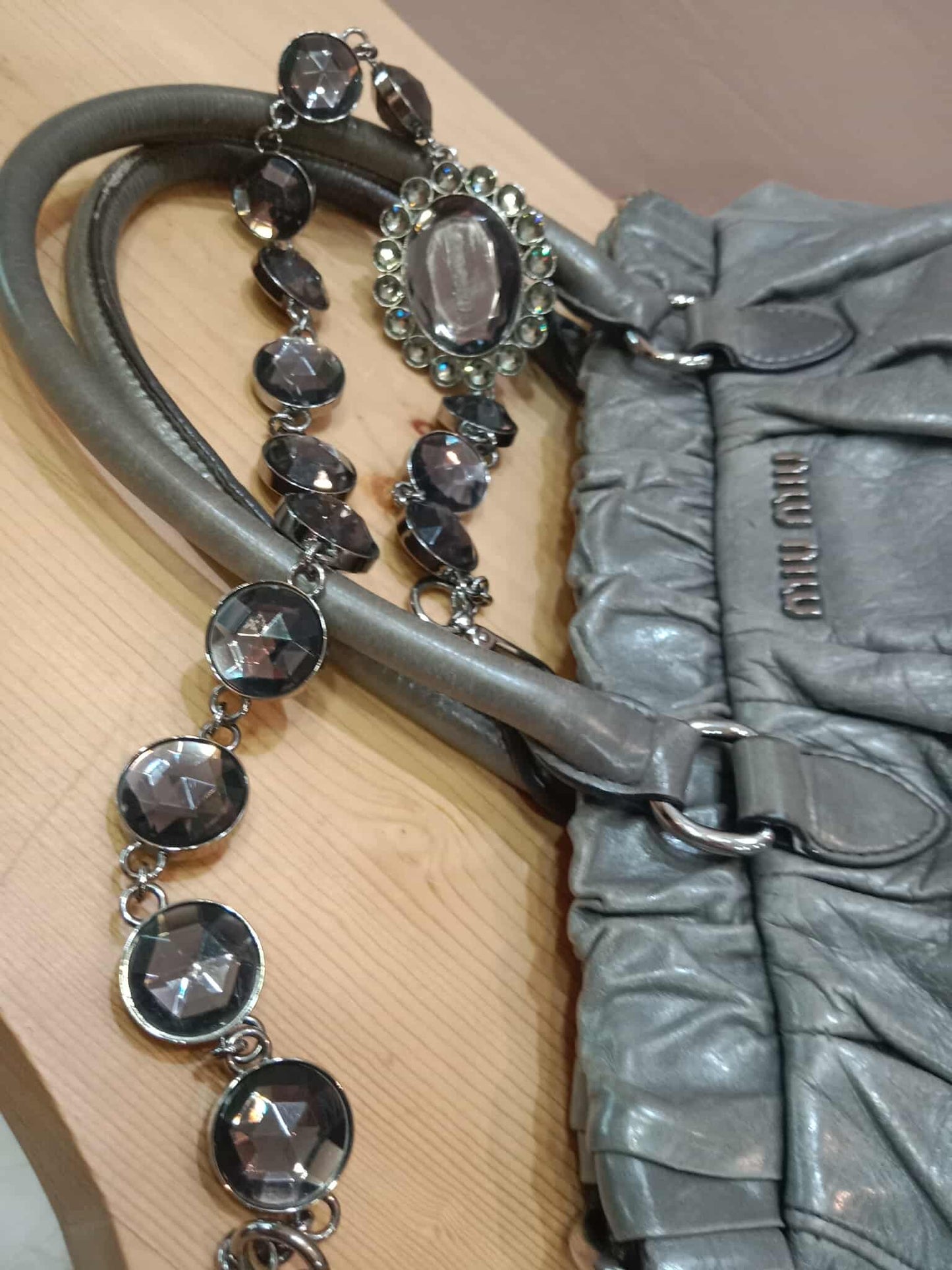 Miu Miu Leather Tote Bag Grey with Crystal Embellished Strap