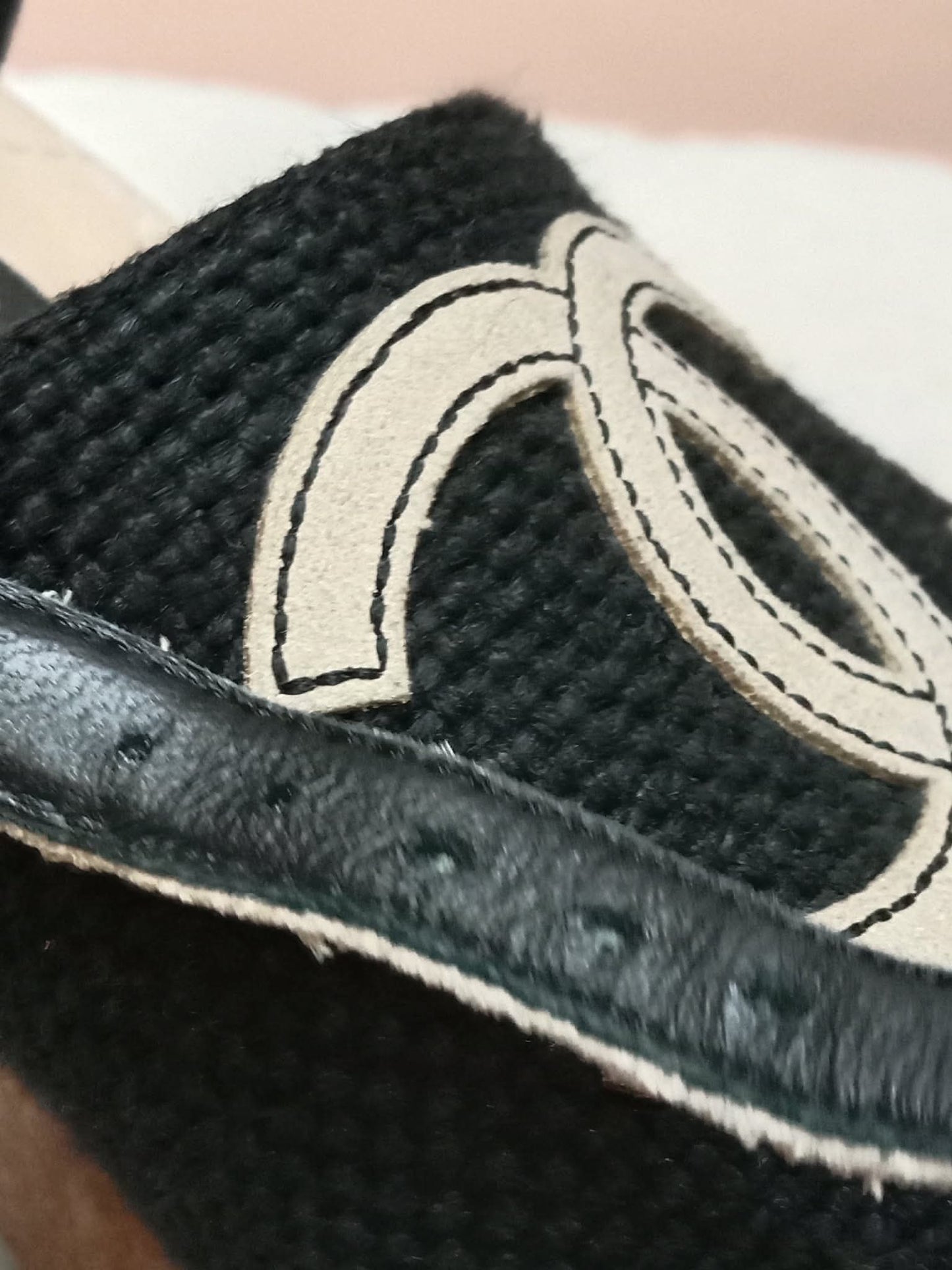 Chanel Wedge Sandals Black Canvas Embroidered Interlocking CC Logo Size 36