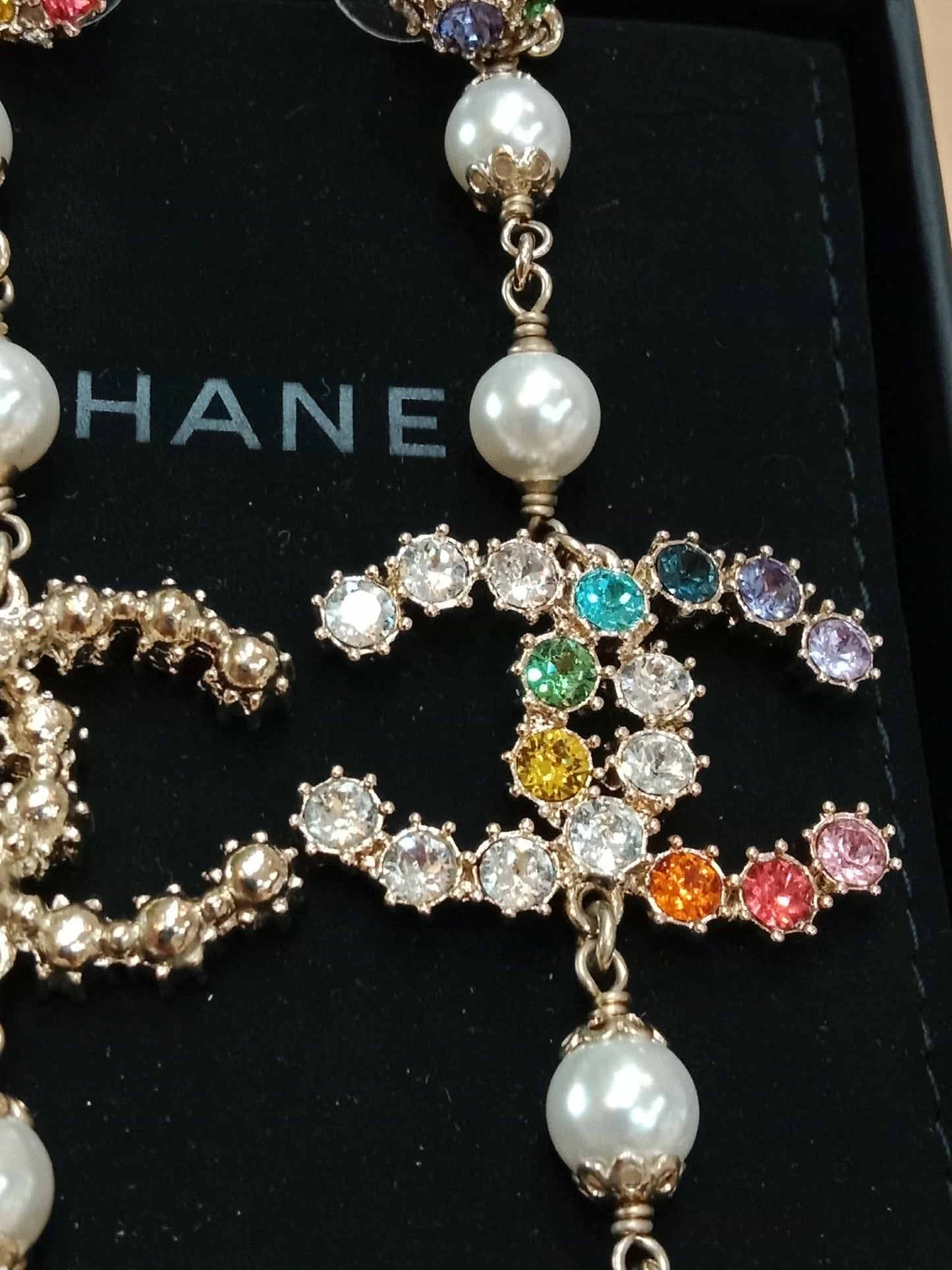 Chanel Rainbow Crystal CC Drop Earrings