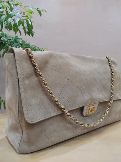 Chanel XXL Flap in Dark Beige Suede Microchipped