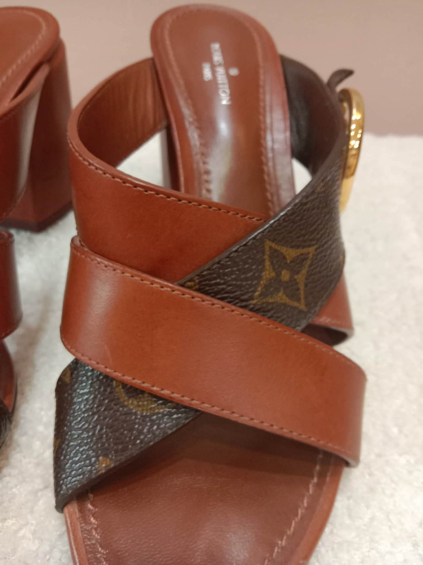 Louis Vuitton Horizon Block Heels Slide Sandals Monogram Leather Brown Size 36