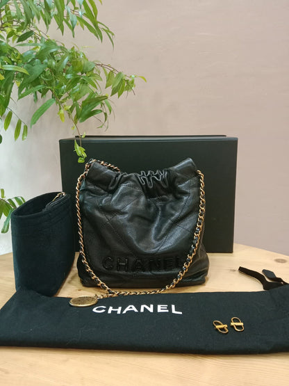 Chanel 22 Shiny Caviar Black Monochrome Mini Microchipped