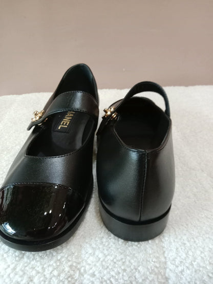Chanel Mary Jane CC Clasp Flats Black Size 36.5