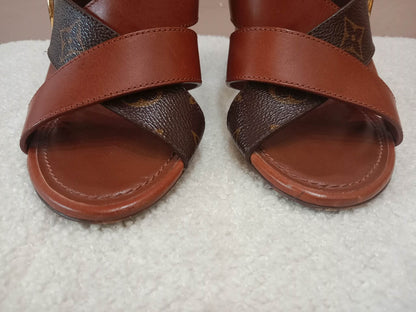 Louis Vuitton Horizon Block Heels Slide Sandals Monogram Leather Brown Size 36