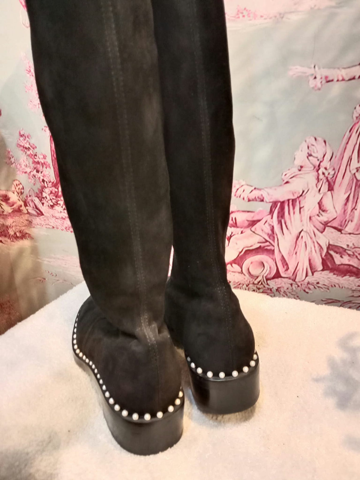 Stuart Weitzman Lowland Lift Pearl Over-the-Knee Boots Black Size 37 1//2
