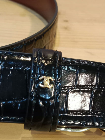 Chanel Crocodile Embossed Calfskin & Metal Belt Black Brandnew