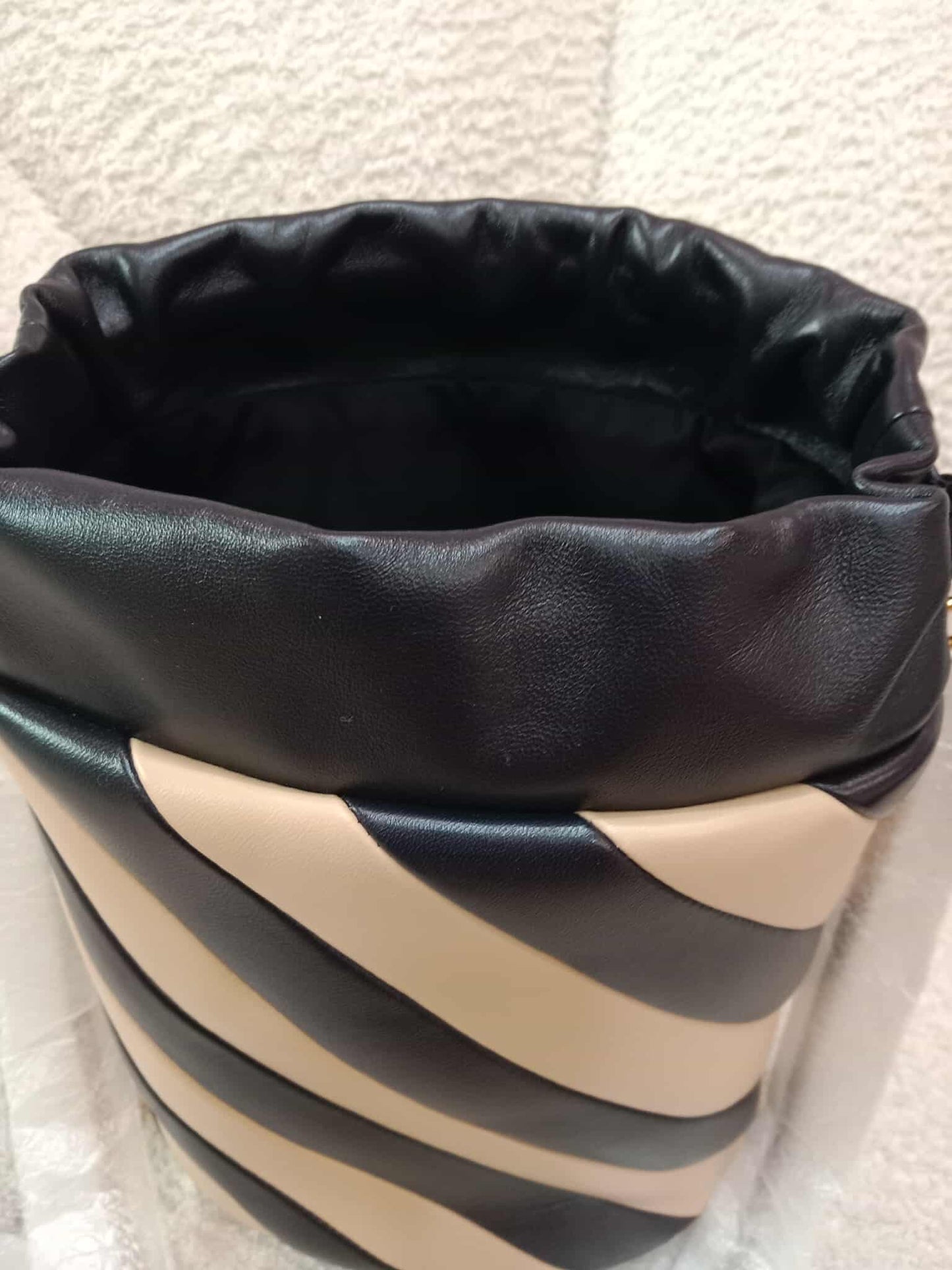 Saint Laurent Alix Stripes Quilted Leather Bucket Bag Bicolor Beige/Black