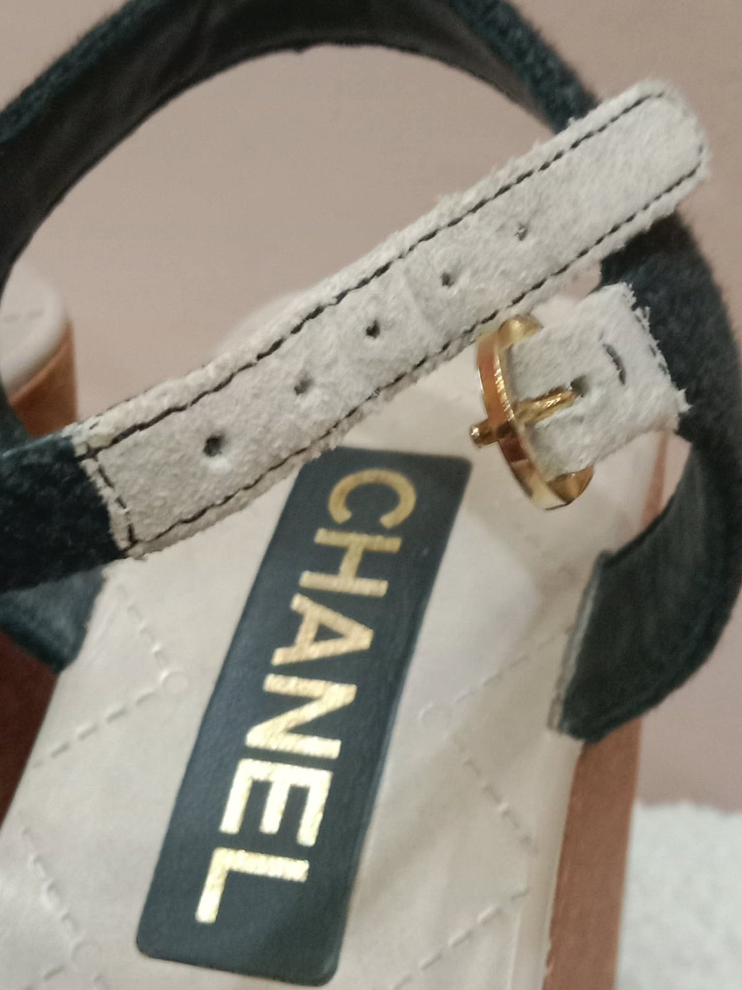 Chanel Wedge Sandals Black Canvas Embroidered Interlocking CC Logo Size 36