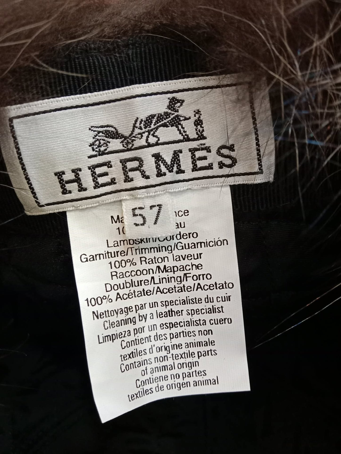Hermes Black Quilted Leather Raccoon Winter Hat