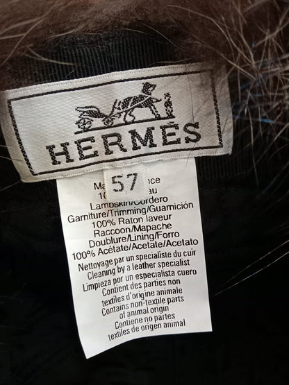 Hermes Black Quilted Leather Raccoon Winter Hat