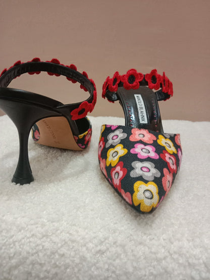 Manolo Blahnik Chamaca 70 Floral Print inen Mule Heels Size 36