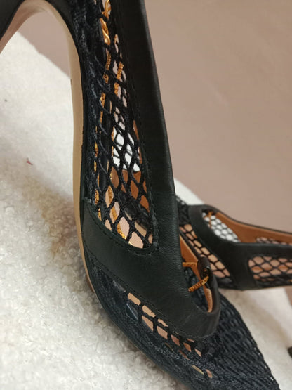 Bottega Veneta Stretch Pumps Black Mesh Square Toe Size 36