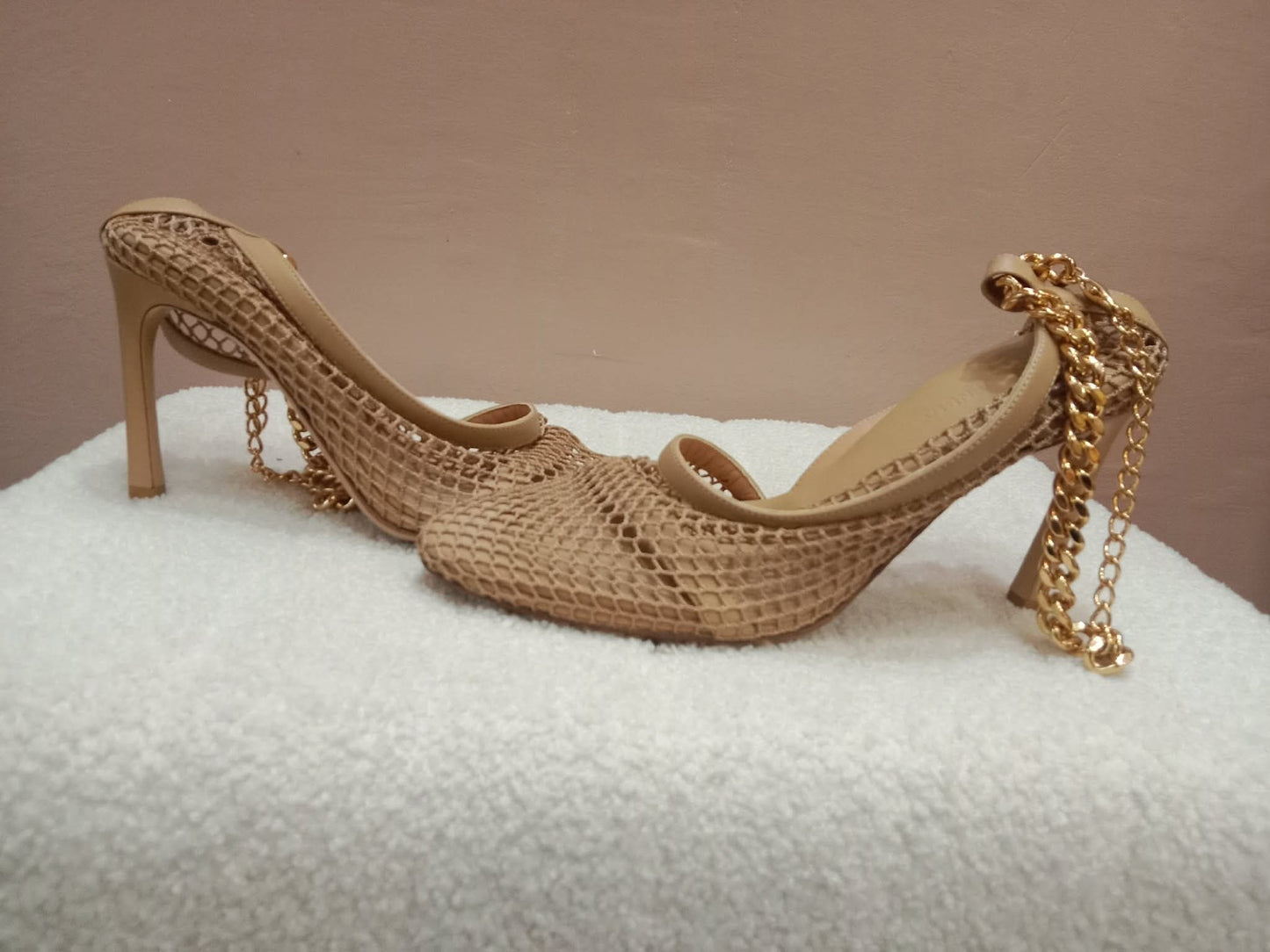 Bottega Veneta Mesh Nappa Chunky Chain Sandals Beige Size 36