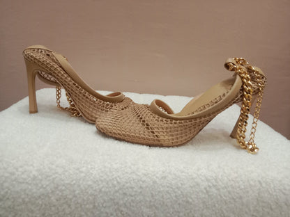 Bottega Veneta Mesh Nappa Chunky Chain Sandals Beige Size 36
