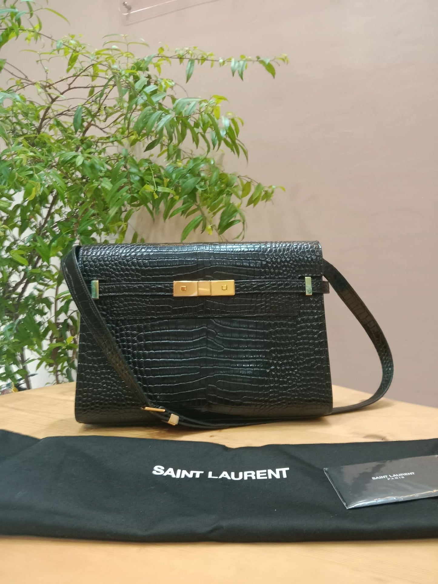 Saint Laurent Manhattan Crocodile Embossed Leather Black