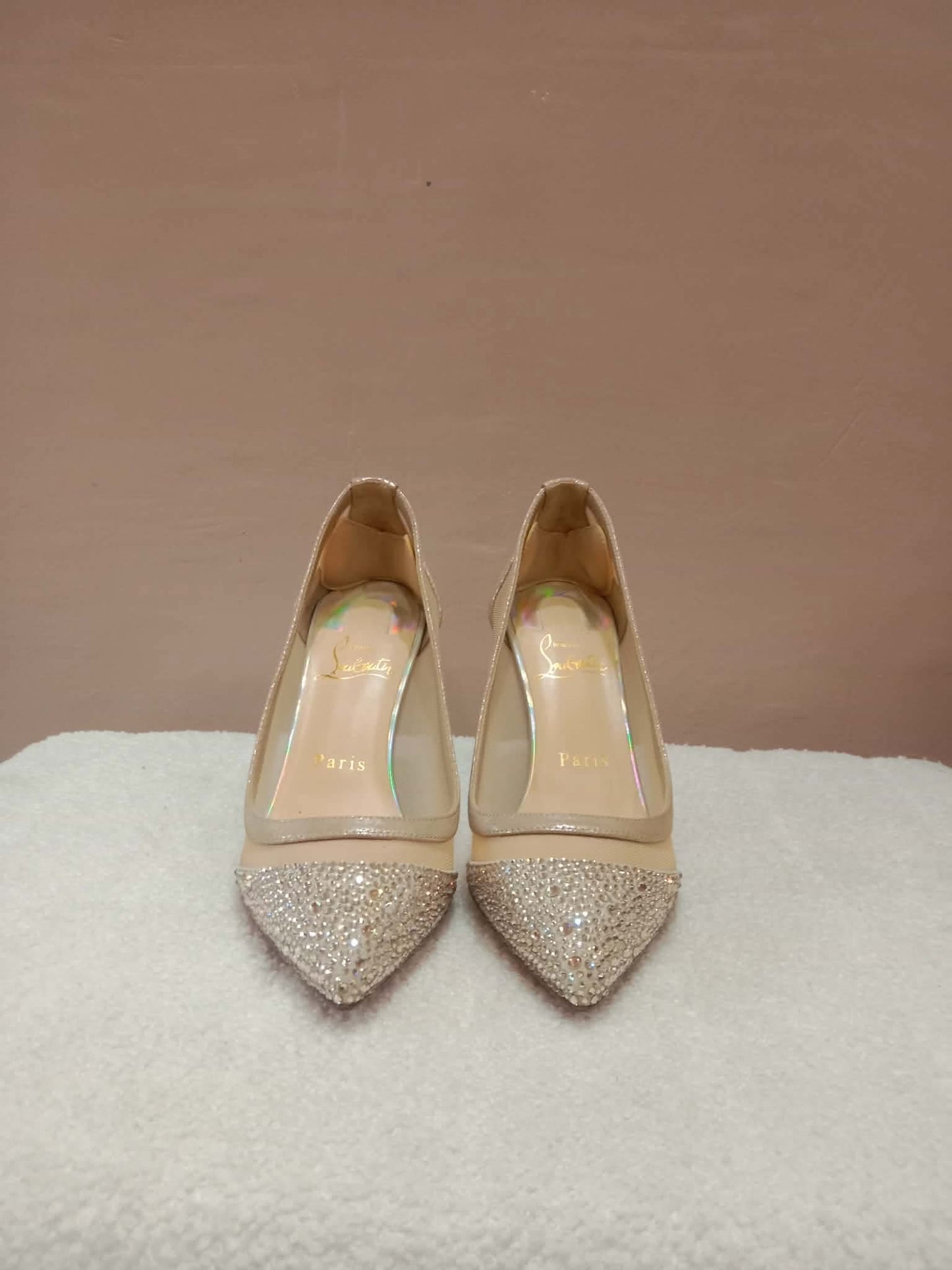 Christian Louboutin Galativi Pumps Beige Suede/Mesh with Crystal Embellishments Size 36