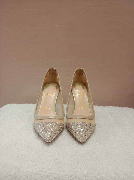 Christian Louboutin Galativi Pumps Beige Suede/Mesh with Crystal Embellishments Size 36