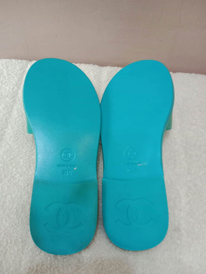 Chanel Turquiose and Green Patent Leather CC Flat Slide Sandals Size 36