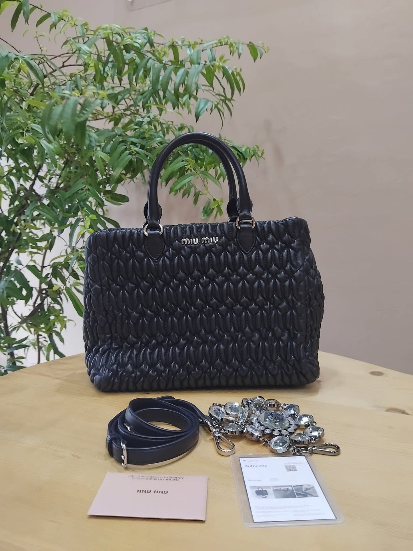 Miu Miu Nappa Matelasse Swarovski Crystal Tote Bag Black
