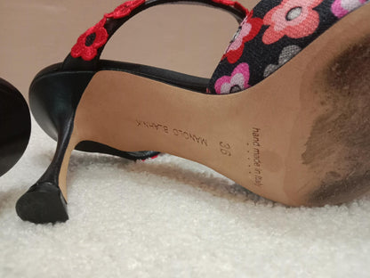 Manolo Blahnik Chamaca 70 Floral Print inen Mule Heels Size 36