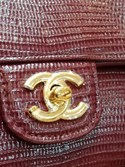 Chanel Tophandle Lizard Embossed Calfskin Clutch Dar Burgundy Microchipped