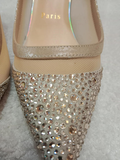 Christian Louboutin Galativi Pumps Beige Suede/Mesh with Crystal Embellishments Size 36