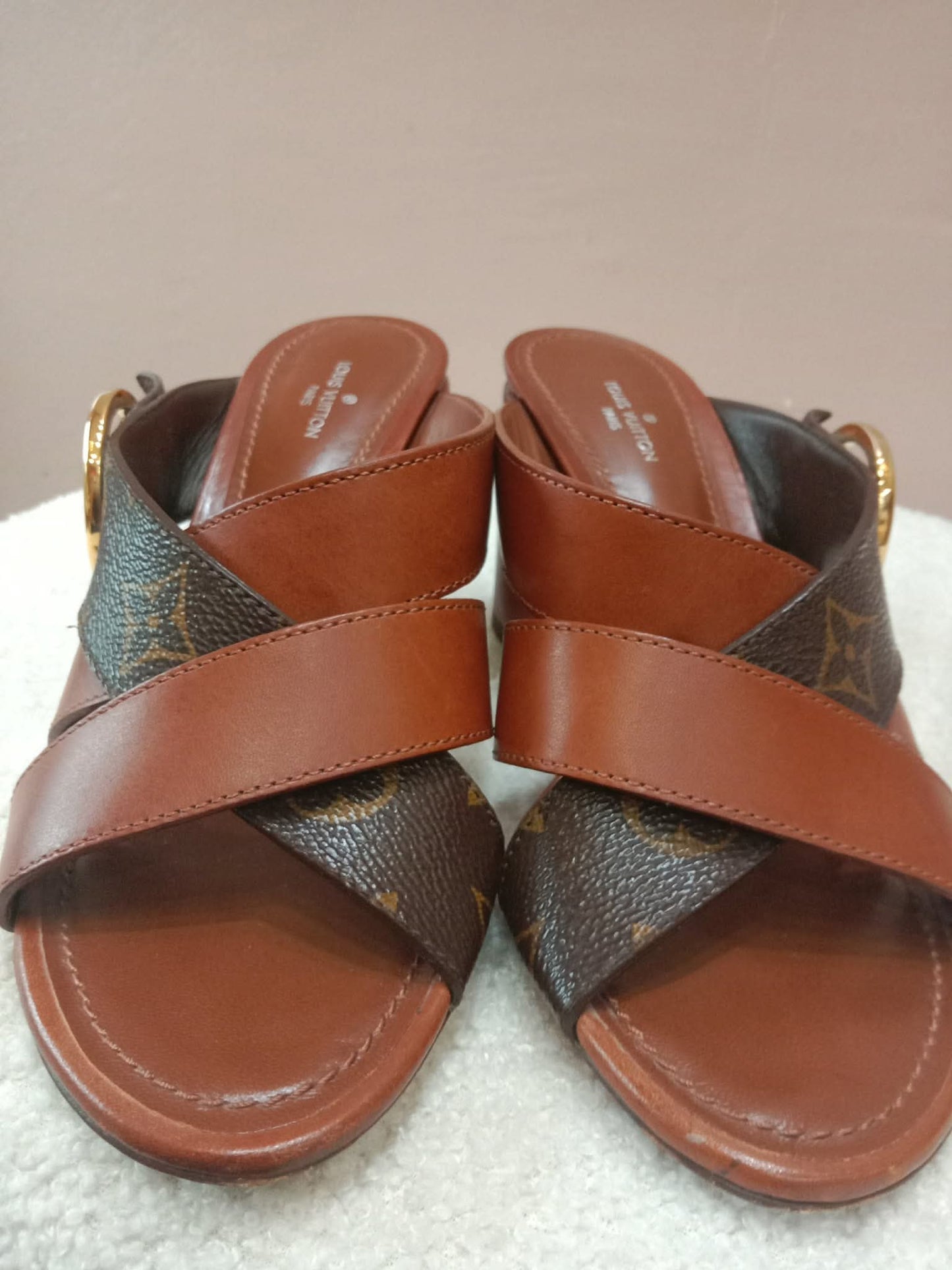 Louis Vuitton Horizon Block Heels Slide Sandals Monogram Leather Brown Size 36