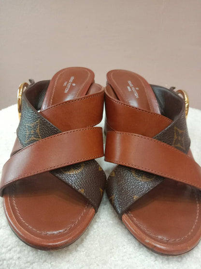 Louis Vuitton Horizon Block Heels Slide Sandals Monogram Leather Brown Size 36