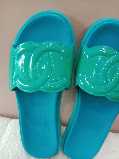Chanel Turquiose and Green Patent Leather CC Flat Slide Sandals Size 36