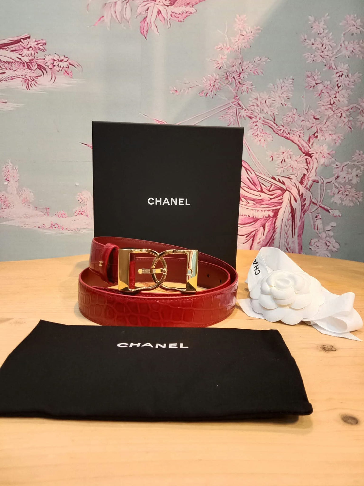 Chanel Crocodile Embossed Calfskin & Metal Belt Dark Red Brandnew