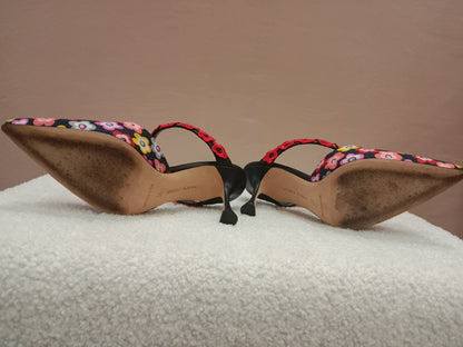 Manolo Blahnik Chamaca 70 Floral Print inen Mule Heels Size 36